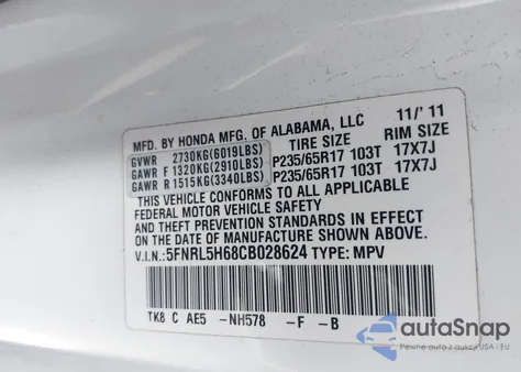 2012 Honda Odyssey Ex-L z USA, uszkodzony, nr VIN 5FNRL5H68CB028624